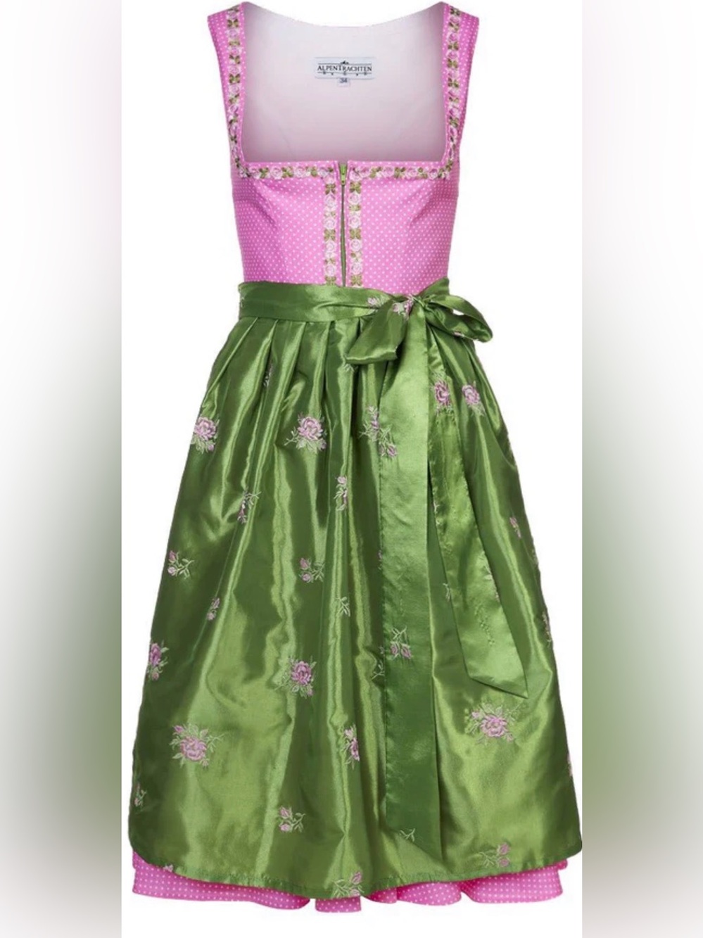 NWT pink polka dot midi dirndl with embroidered green taffeta apron.